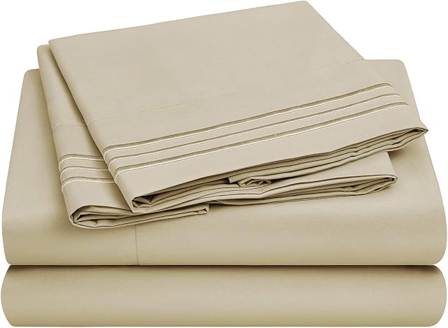 HOMEIDEAS 4 Piece 3-Line Embossed Bed Sheets Set Extra Soft Brushed Microfiber 1800 Bedding Sheets Deep Pocket, Wrinkle & Fade Free (Double, Cream)