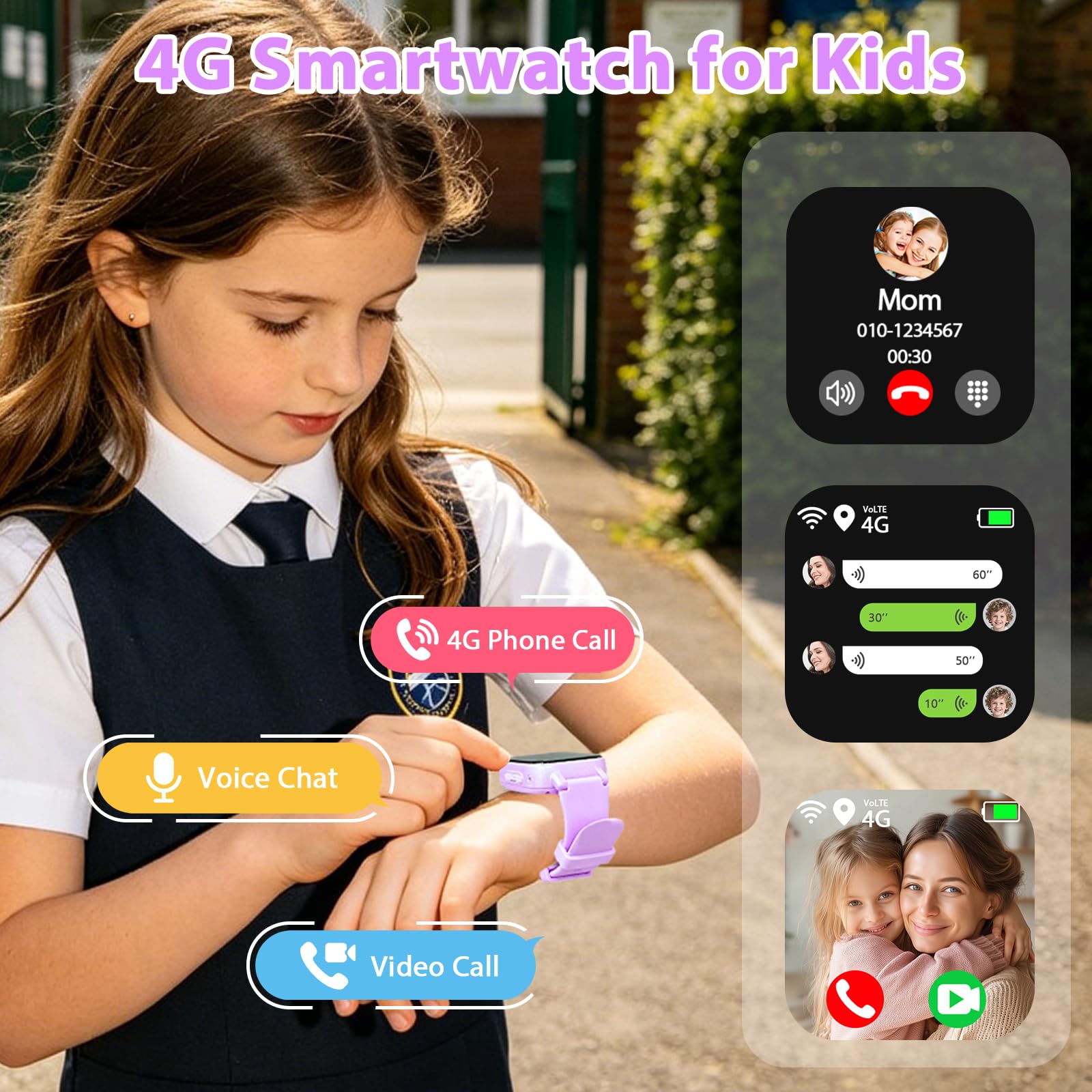 Smartwatch Bambini 4G con Videochiamata, GPS, SOS, Chat Vocale, IP68 Impermeabile, Modalità Classe, Contapassi, Sveglia, Camera, Orologio Smartwatch Regalo per Bambino e Bambina 4-12 Anni (Lila-8A)