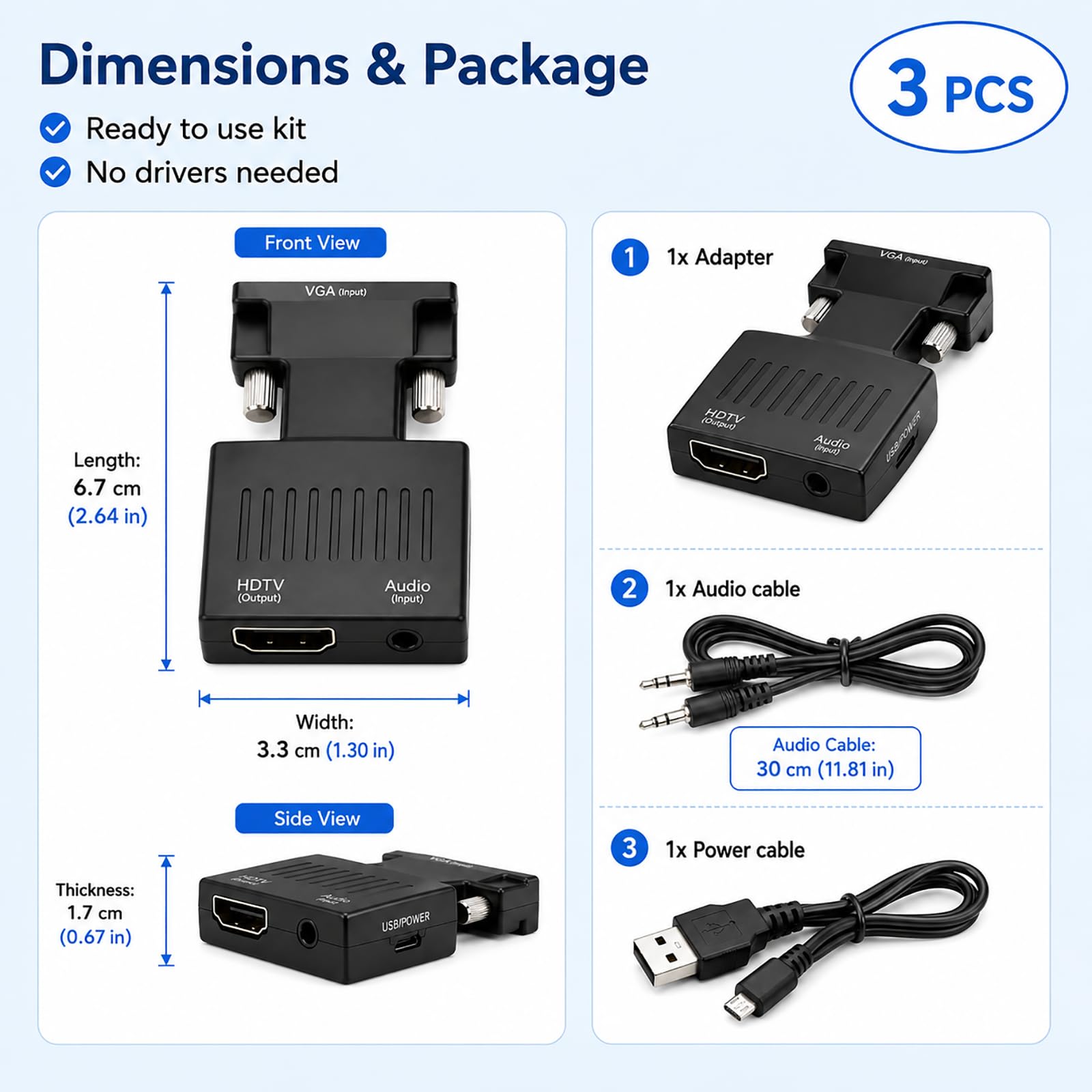 VGA auf HDMI Adapter, VGA zu HDMI Konverter mit Audio 1080P Aktiv Konverter VGA Stecker zu HDMI Buchse für PC Laptop Monitor TV Beamer Projektor HDTV inklusive USB Stromkabel und Audiokabel