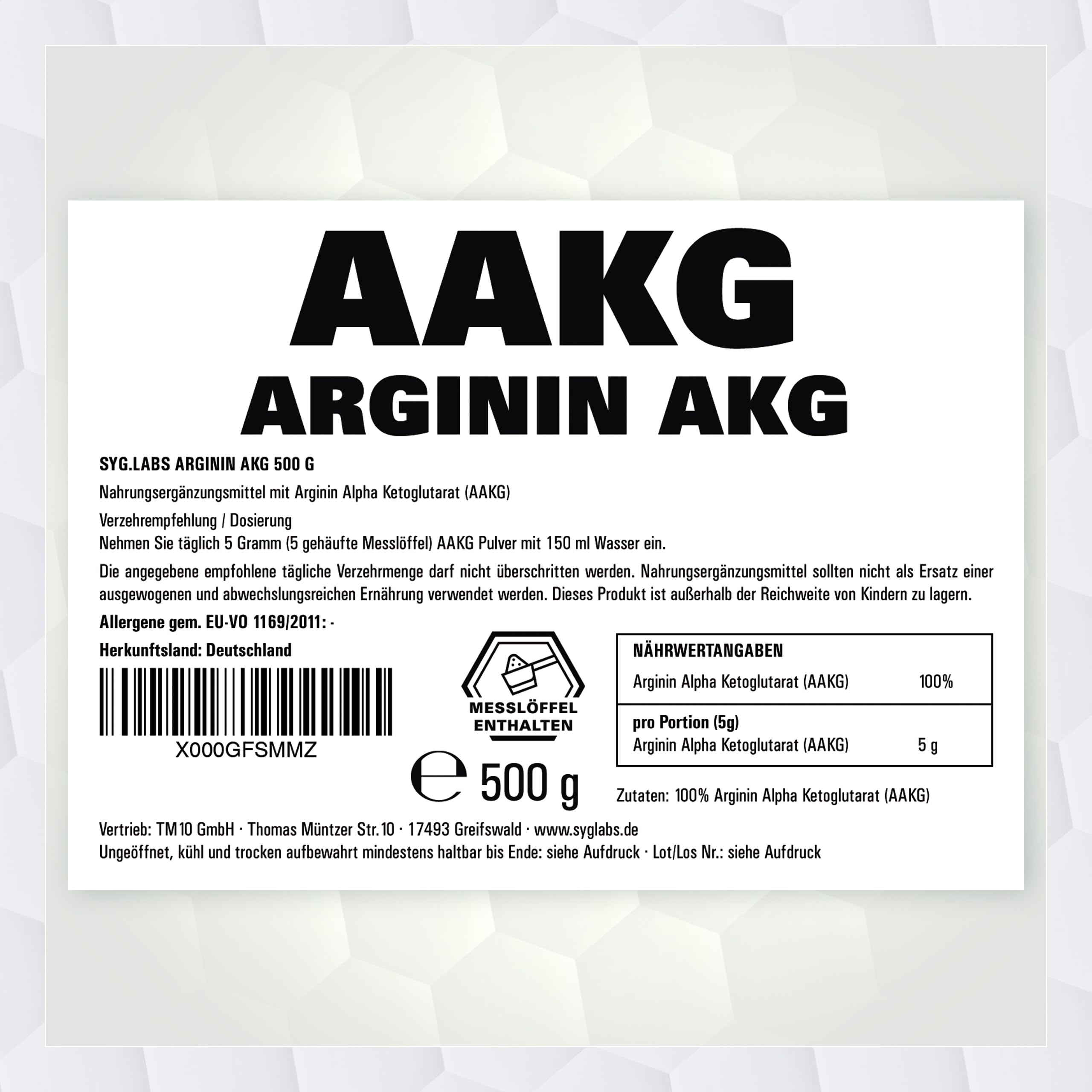 AAKG Arginin AKG Pulver - 500g L-Arginin Alpha Ketoglutarat 2:1 - ohne Zusätze -vegan