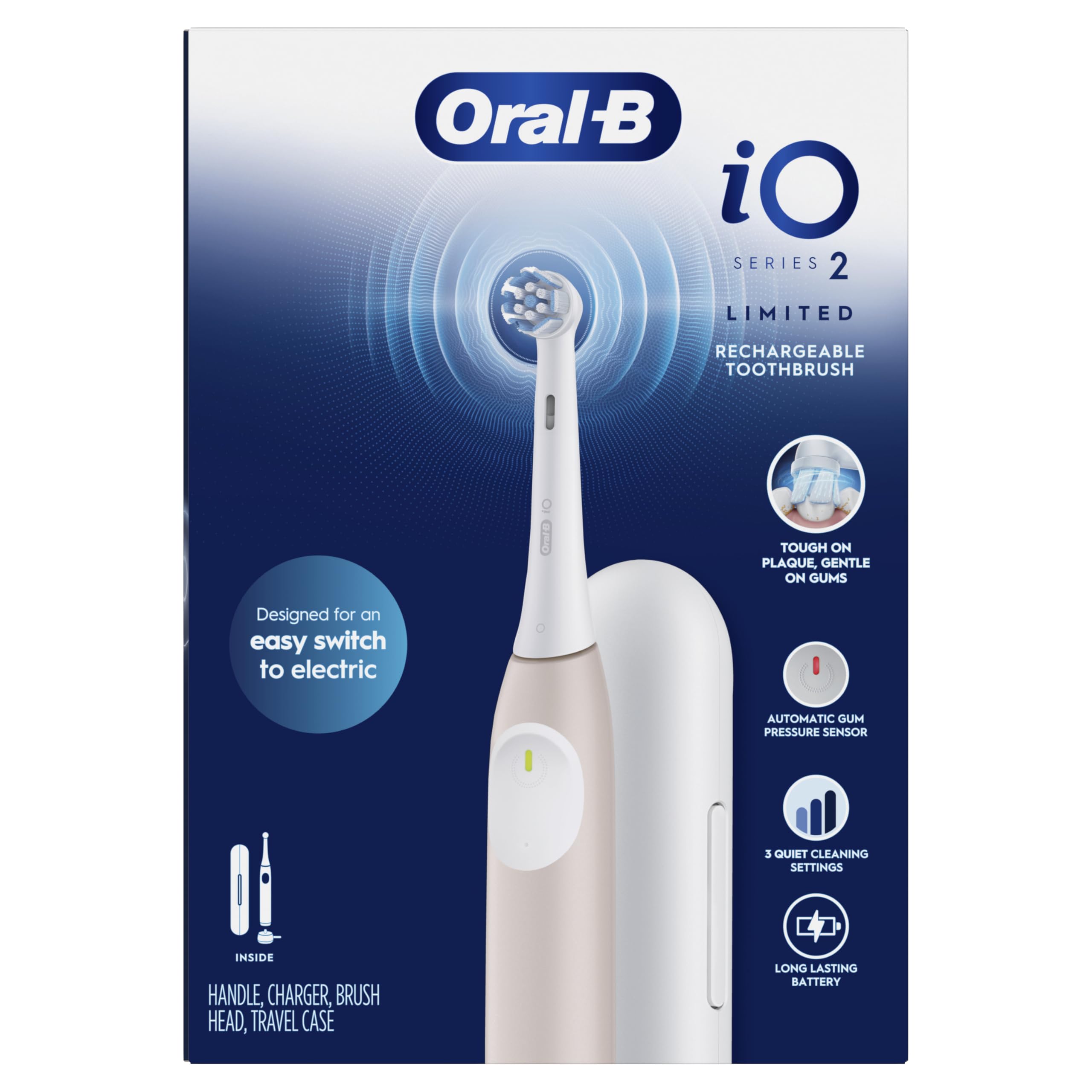 Oral-B iO Elektrische Zahnbürste, Serie 2, wiederaufladbar, Pfirsich mit 1 sanften Pflege-Bürstenkopf – automatischer Drucksensor zum Schutz des Zahnfleisches – 3 Modi – 2 Minuten Timer