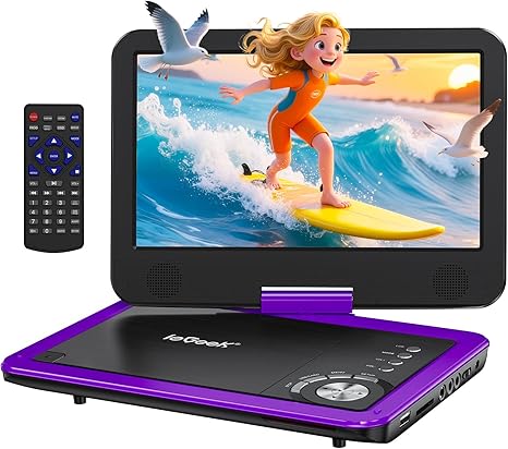 ieGeek Portable DVD Player 12.5", with 10.5" HD Swivel Screen, Car Travel DVD Players 5 Hrs Rechargeable Battery, Region-Free Video Player for Kids Elderly, Remote Control, Sync TV, USB&SD, Purple