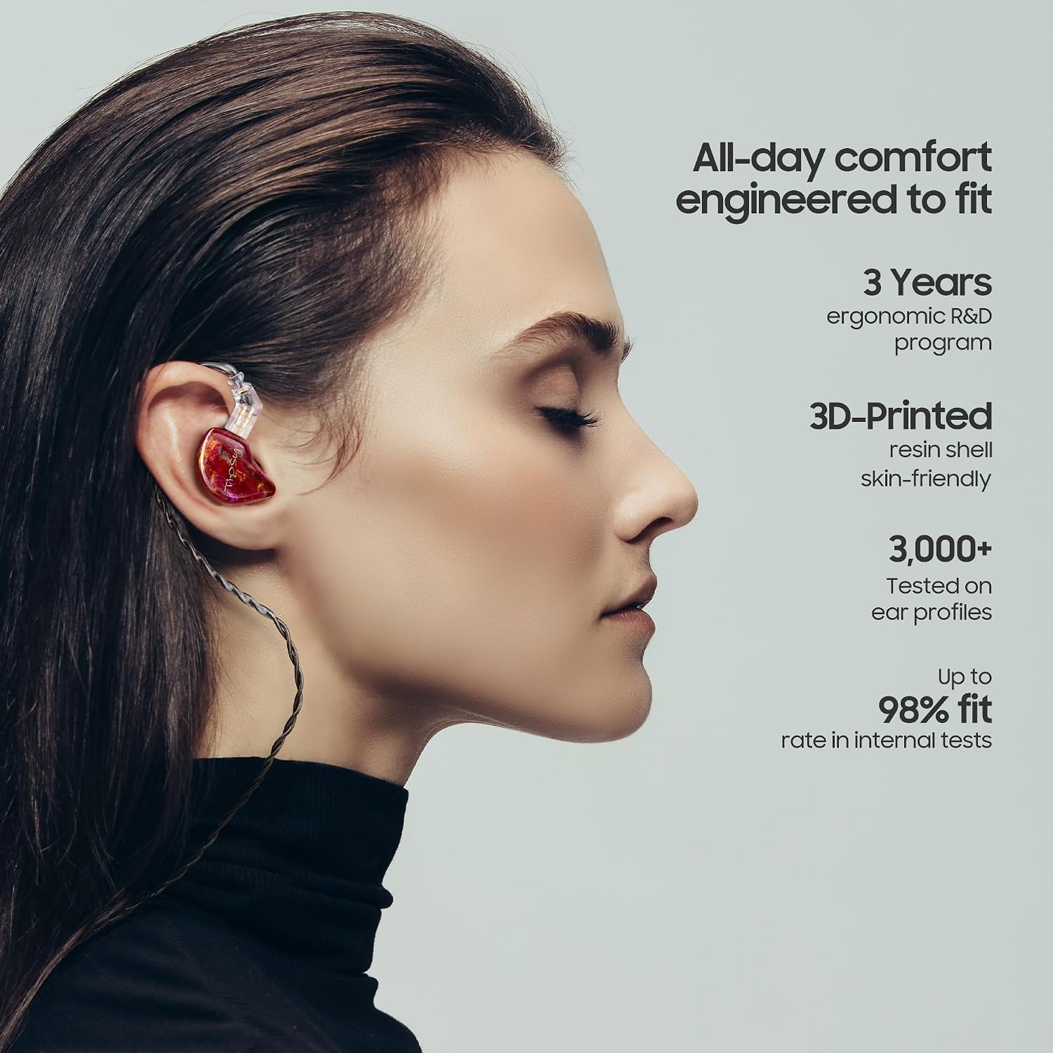 Tipsy M3 Professional IEM for Musicians, 2BA + 1DD Drivers, 36dB PNC, IPX5, Acoustic-Runway™ Technology, Skin-Friendly Resin, Detachable 0.78mm 2-pin Cable(No Mic, Red)