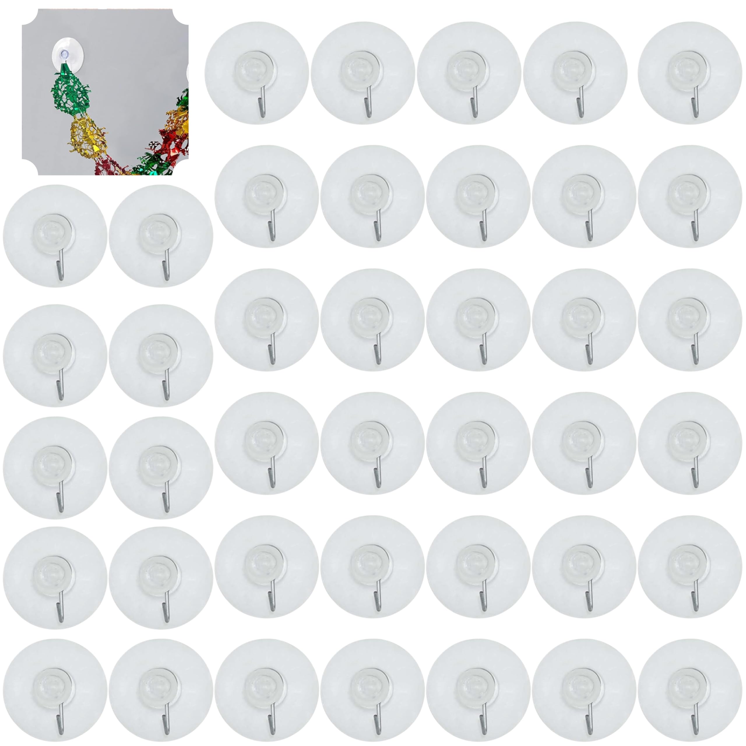 SRV Hub 40Pcs Transparent Suction Cups for Xmas Decorations, Self Adhesive Smooth Surface Easy Fix Heavy Duty Suction Hooks for Wreath Tinsel Garlands 3.8cm
