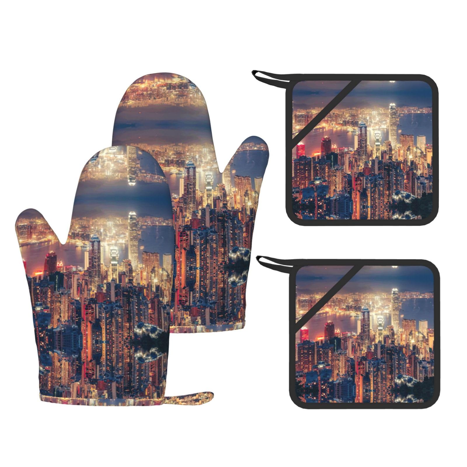 Hong Kong Printed Oven Gloves and Hot Pads Set of 4, High Heat Resistant Silicone Mitts for Cooking BBQ
