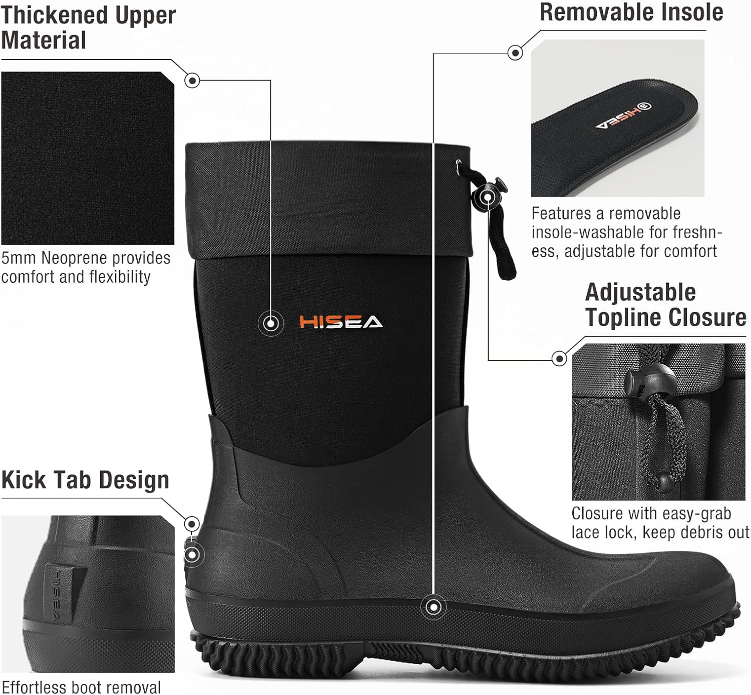 HISEA Upgraded Garden Boots for Men, Mud Resistant Outdoor Work Boots Mens Waterproof Neoprene Rubber Insulated Rain Shoes Ankle High Rainboots - Image 3