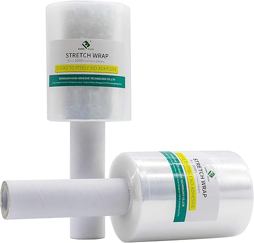 BOMEI PACK Paquete de 2 mini rollos de envoltura elástica industrial transparente con asa, 5 pulgadas, 1000 pies, calibre 80 para servicio pesado,