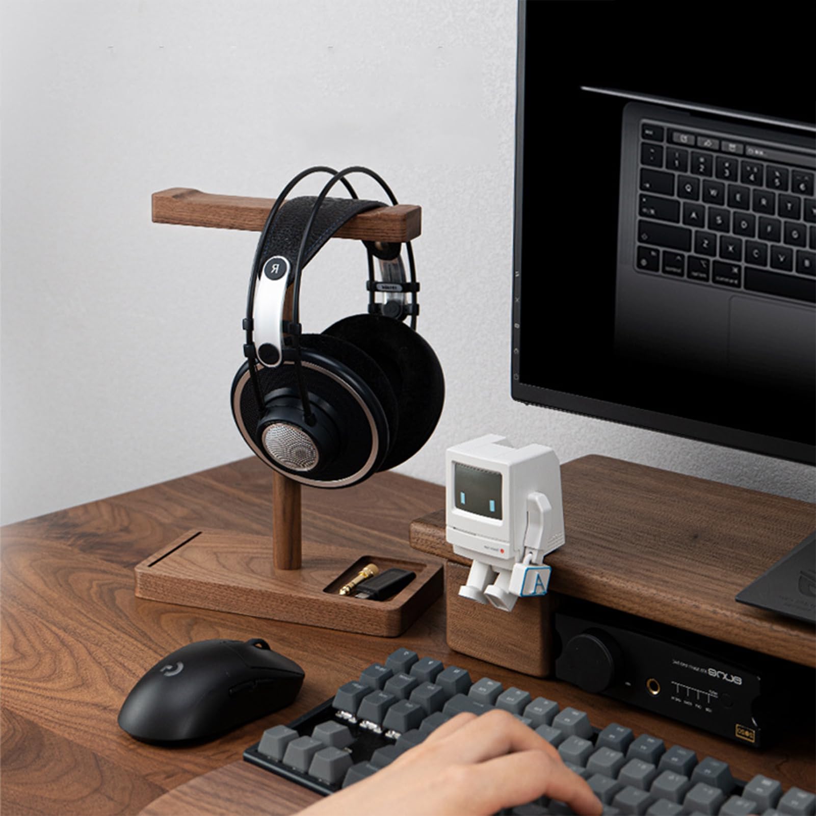 Supporto per cuffie in legno – Supporto da scrivania in noce nero | per cuffie da in legno massiccio | Organizzatore di audio elegante per la configurazione dello studio di ufficio,
