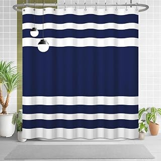 White Navy Blue Shower Curtain for Bathroom 72x72inches Boho Navy Blue and White Striped Waffle Shower Curtain Set with Hooks Bohemia Geometric Waterproof Fabric Shower Curtain