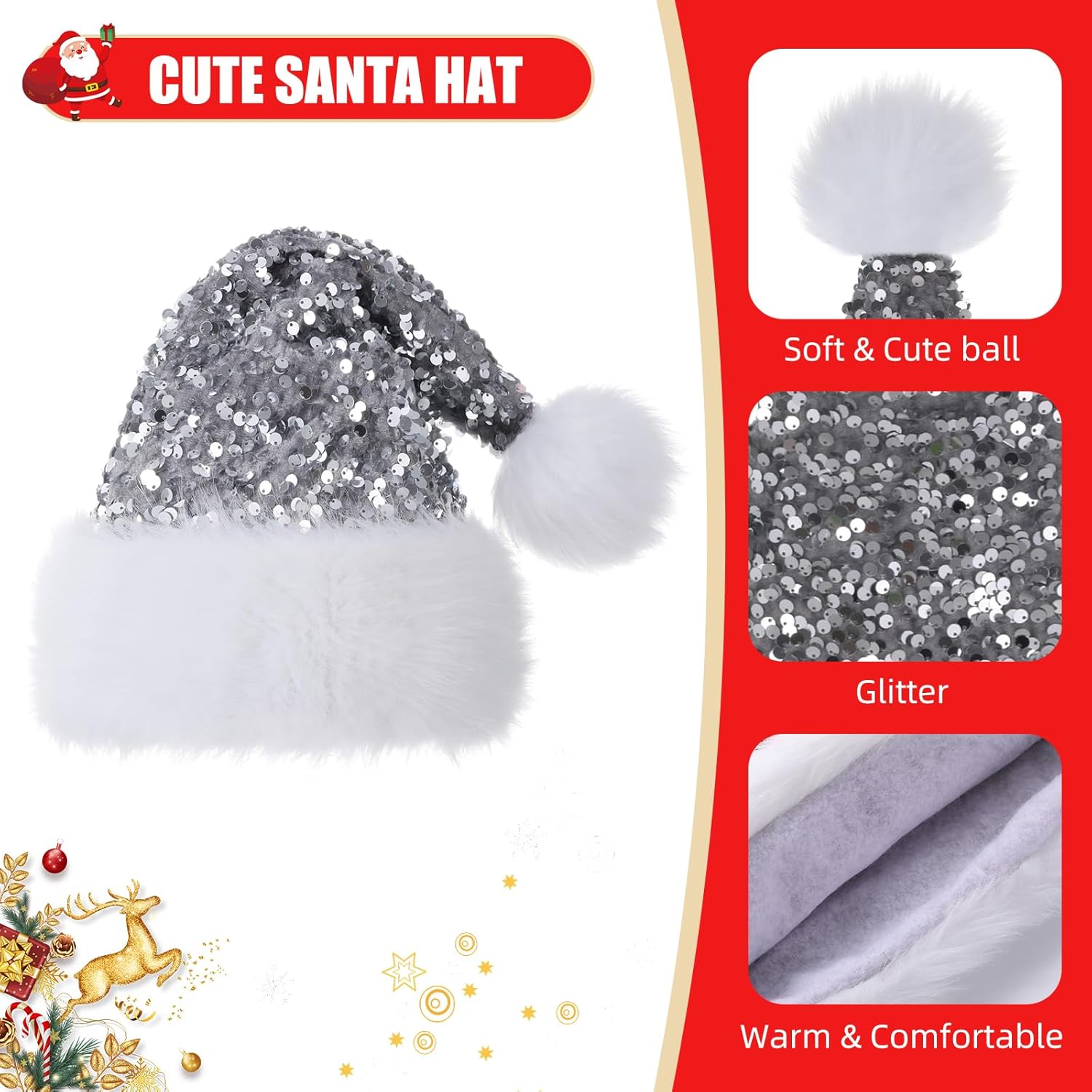 Personalized Sequin Santa Hat for Adults, Red Glitter Christmas Party Hat, Xmas Halloween New Year Holiday Headwear - Image 3