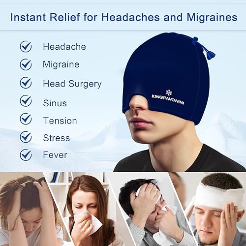 Vista 29 de KingPavonini Envoltura de cabeza de hielo, gorra ajustable para aliviar el dolor de cabeza de migraña con cordón, sombrero de migraña caliente/fría