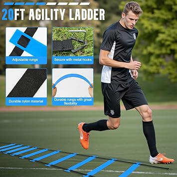 Agility Ladder Training Equipment Set for Children and Teenager | Blue,Football Training Accessories,Football Training Gift,Include Agility Ladder,Cones,Hurdles,Jump Rope,Running Parachute