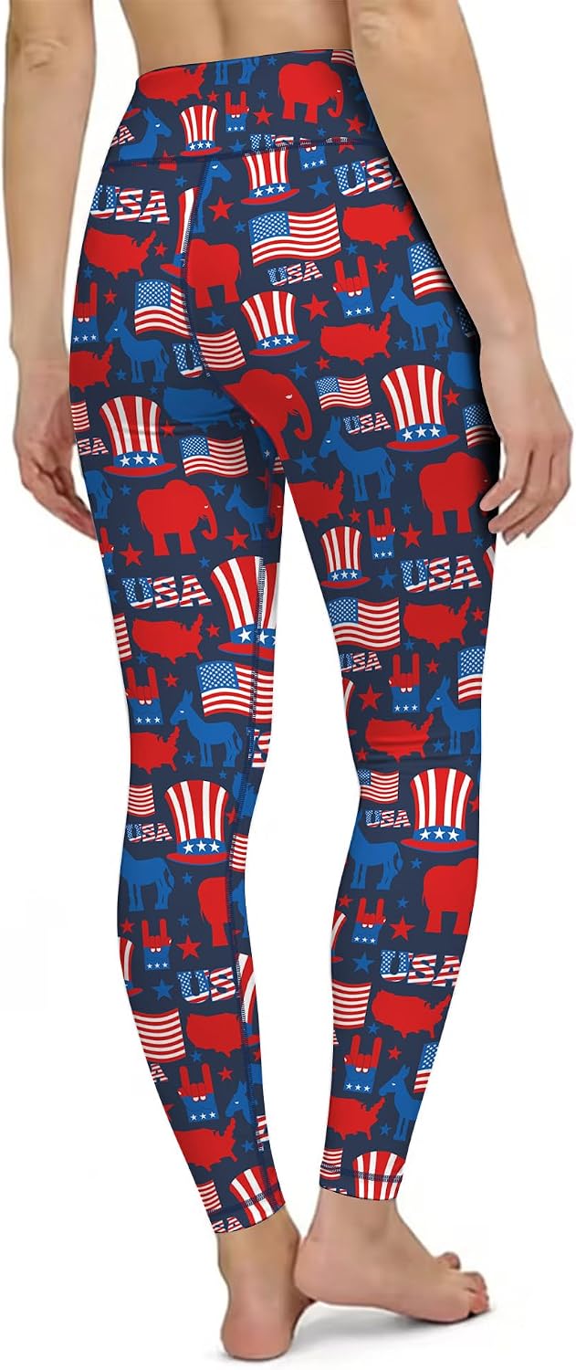 Women's 4th of July Workout Leggings, USA Flag High Waist Sports Pants for Running Cycling Yoga