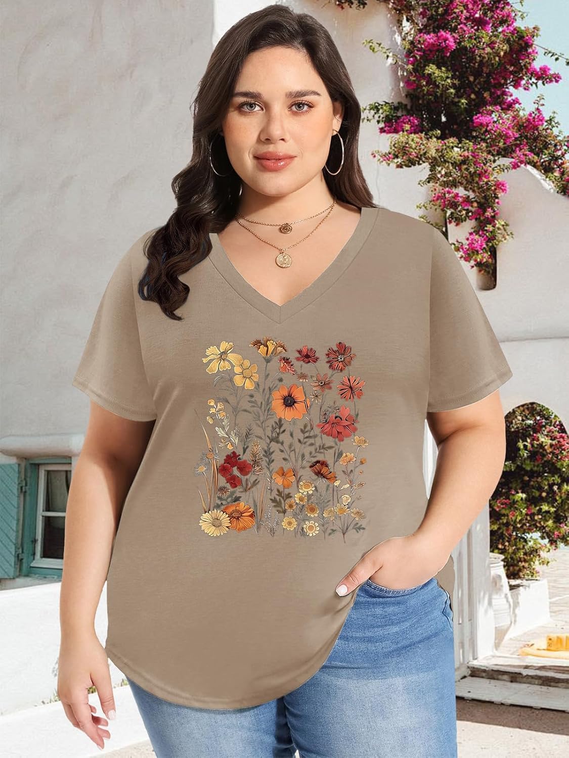 Womens Plus Size Tops Boho Floral Short Sleeve V Neck T-Shirt Casual Summer Wildflower Graphic Tees - Image 2
