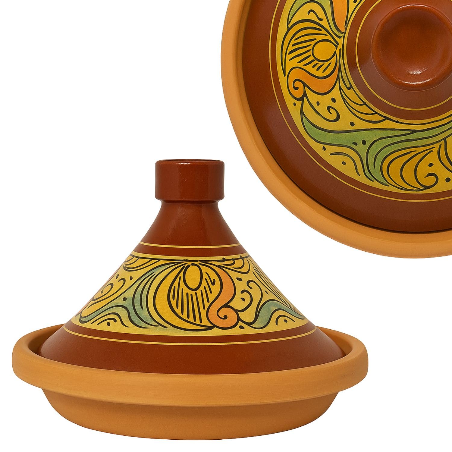 Tajine marocain pour la cuisson | Cocotte émaillée Chaouen Ø 30 cm pour 4 à 5 personnes | Avec recette et manuel d'utilisation (français non garanti) | Pot en terre cuite original fabriqué à la main