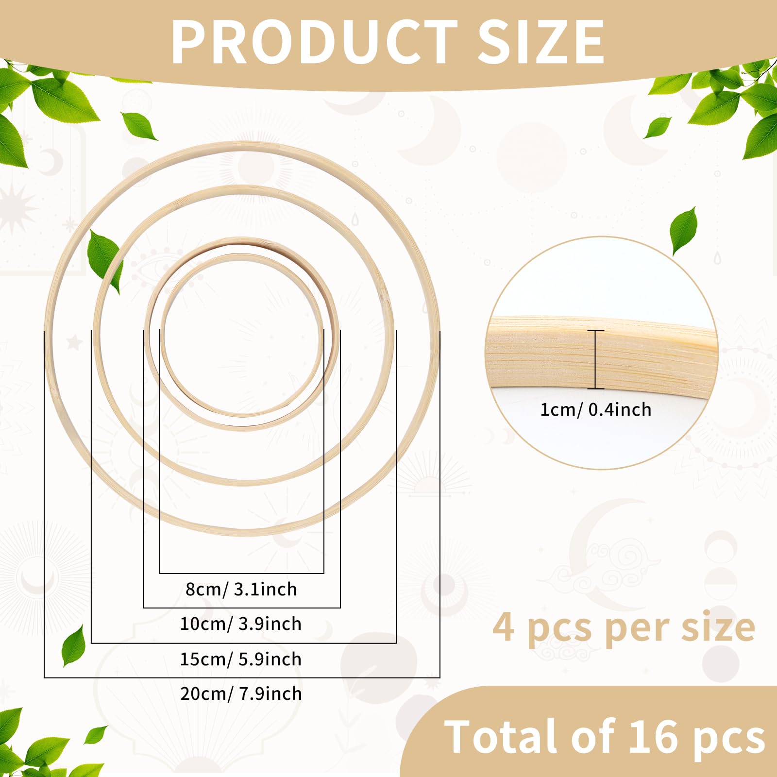 16Pcs Bamboo Wooden Wreath Rings, 4 Sizes Wooden Hoops Rings, Large Bamboo Hoops for Crafts Floral Round Wreath Hoop - Image 2
