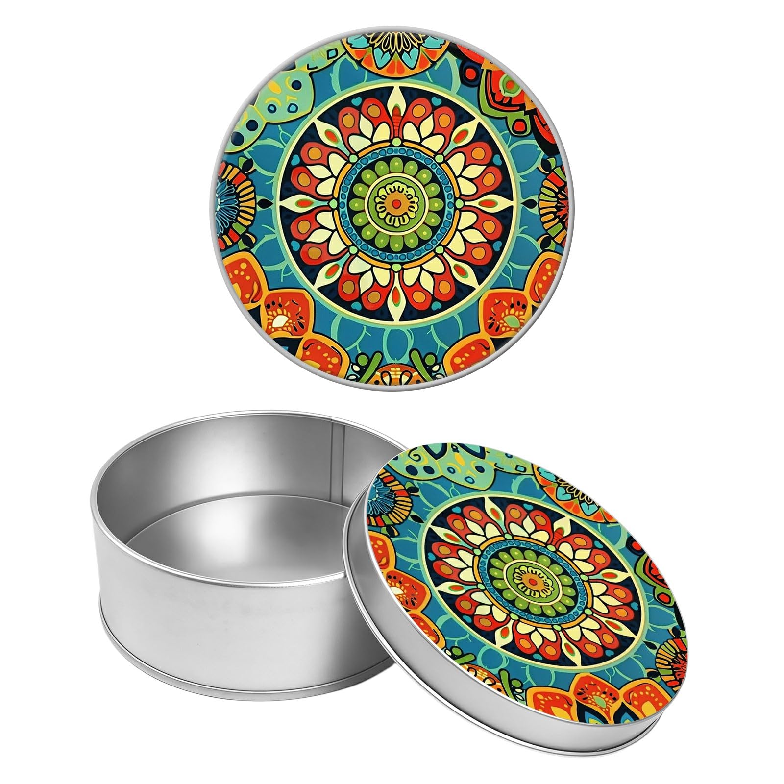 Round Metal Tin Container with Removable Lid, Mandalas Durable Metal Storage Box for Crafts Snacks Candies Office Supplies Small Items 3.54 x 1.38 inch– Single Pack