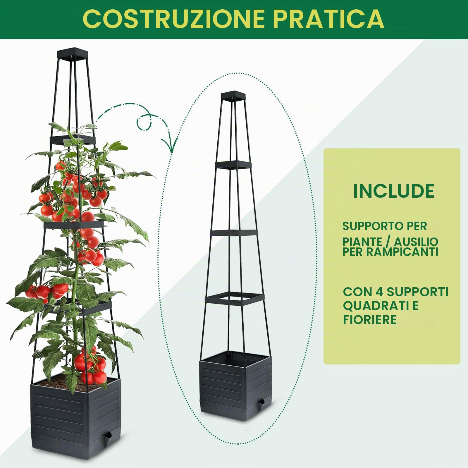 MYMULIKE Confezione da 2 vasi da giardino rialzati con traliccio, 147 cm, gabbia per pomodori, vaso da giardino rialzato con traliccio per piante rampicanti, gabbia per pomodori con auto-irrigazione