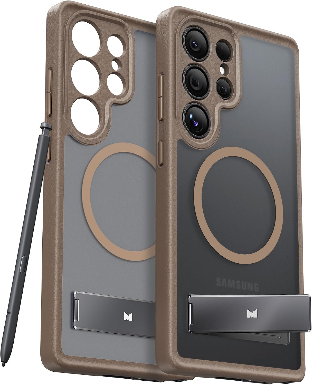 Maledan Camera Protection for Samsung Galaxy S25 Ultra Case Built-in Phone Stand, Magnetic Shockproof Slim Case for Galaxy S25 Ultra 6.9", Kickstand S25 Case Fit for Magsafe, Translucent Back/Brown