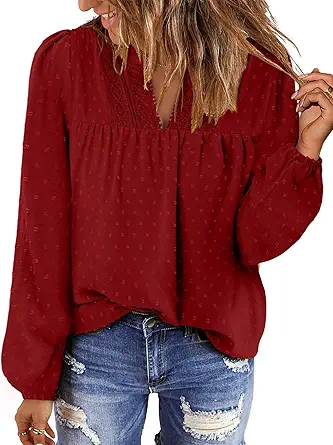 BETTE BOUTIK Women Boho Long Sleeve Shirts Dressy Casual V Neck Fall Fashion Tops Swiss Dot Flowy Blouses