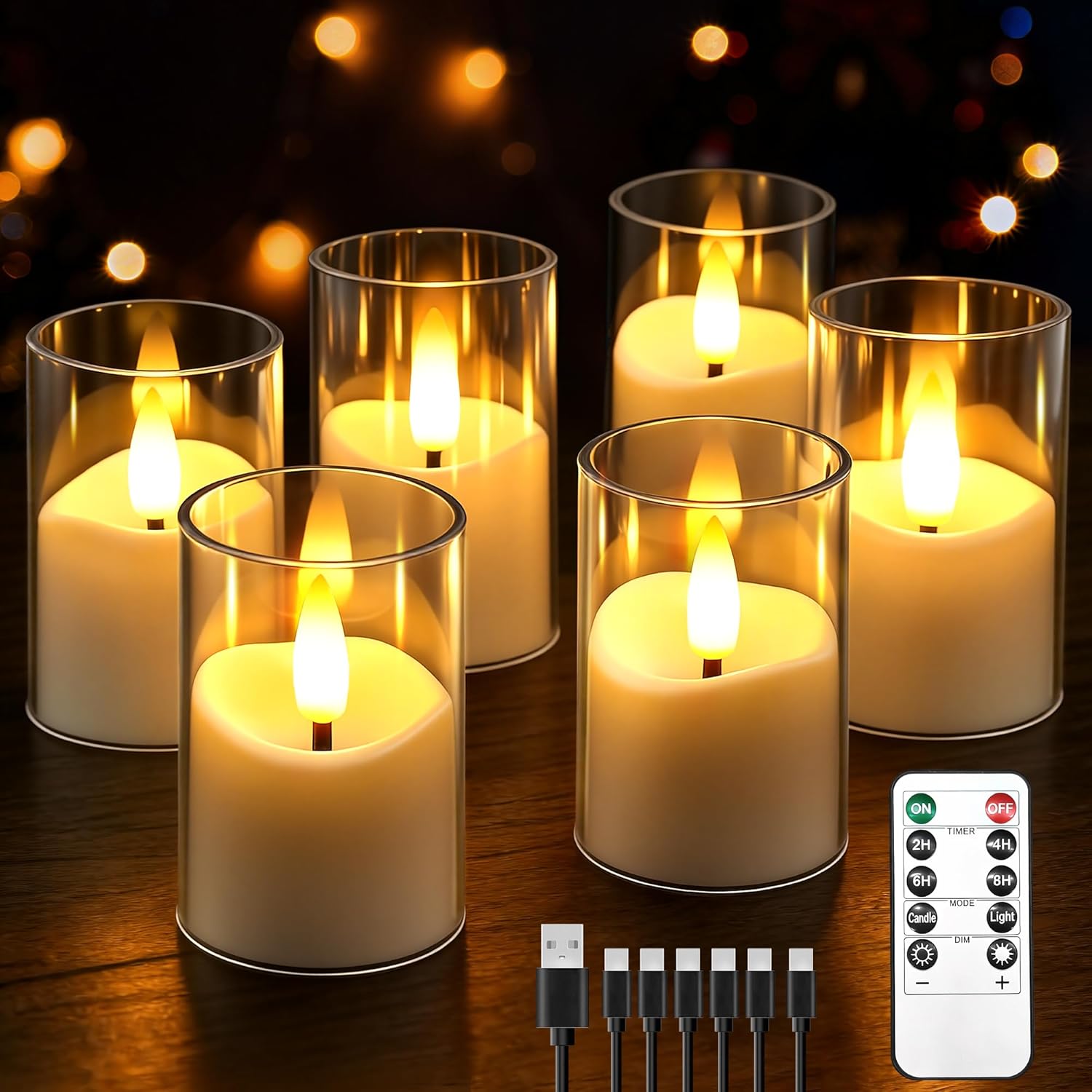 Rechargeable Flameless Candles with Timer Remote, 1.7"x2.6" Clear Acrylic LED Tea Lights Candles，Small Votive Electric LED Candles for Home Aniversary Wedding Holiday Decor(6 Pack)