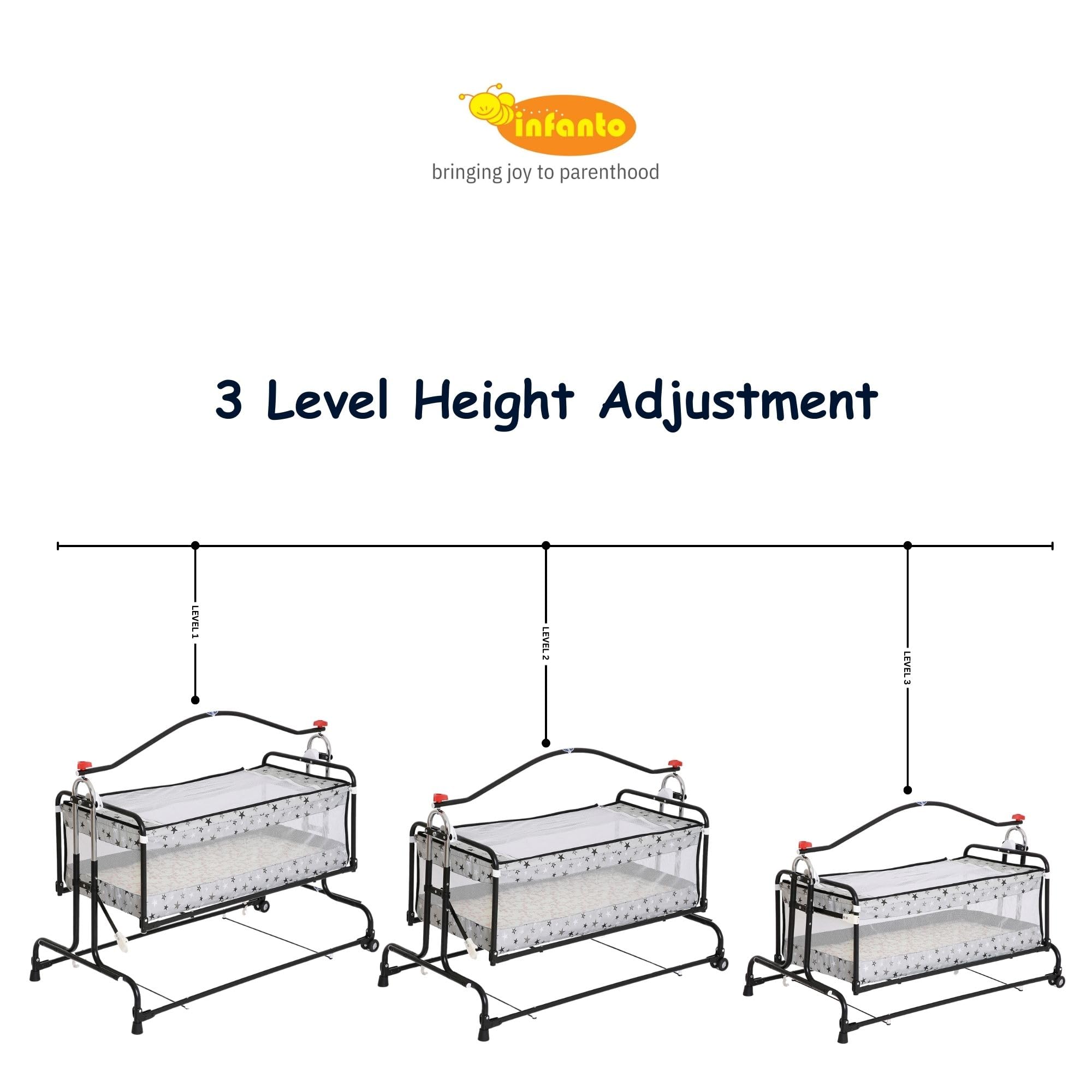 Infanto Metal Compact Baby Cradle, Jhula, Palna, Swing - Adjustable Height, Sturdy Frame, Smooth Swing, Secure Lock, Anti-Skid Pad, Breathable Net, Sturdy Build - CC29-STD (Grey) - Image 8 thumbnail