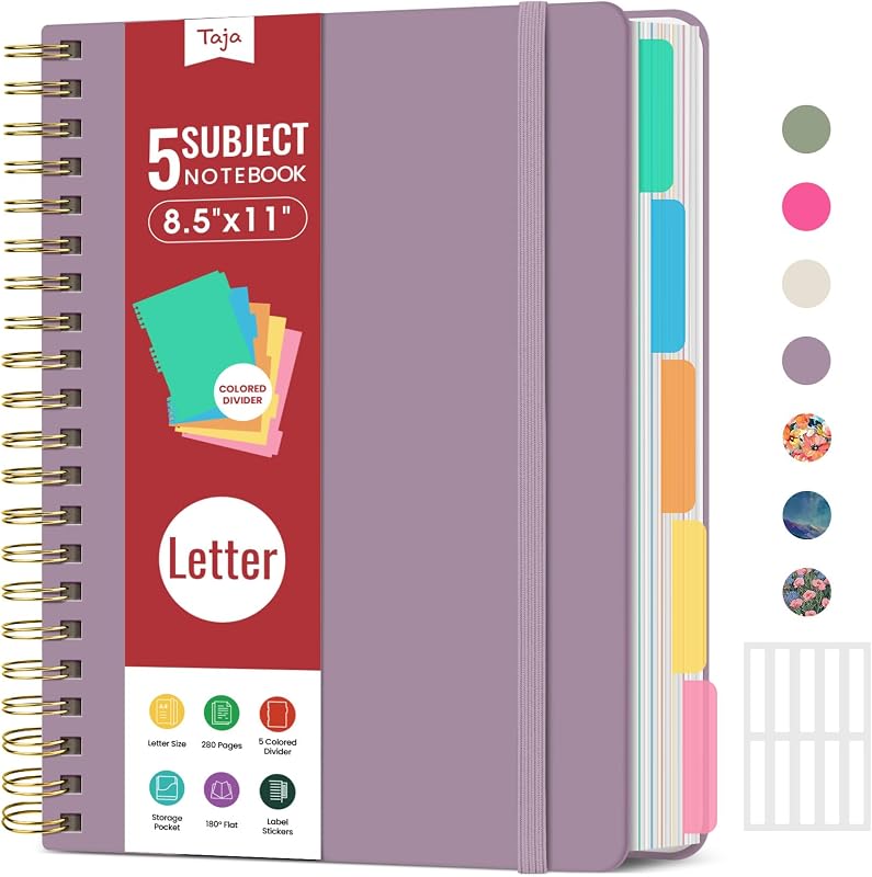 Spiral Notebooks for Work 5 Subject Notebook with Removable Dividers | Purple, 8.5" x 11", College Ruled Lined Journal for Women & Writing, 280 Pages Notebook for Note Taking & Organizer