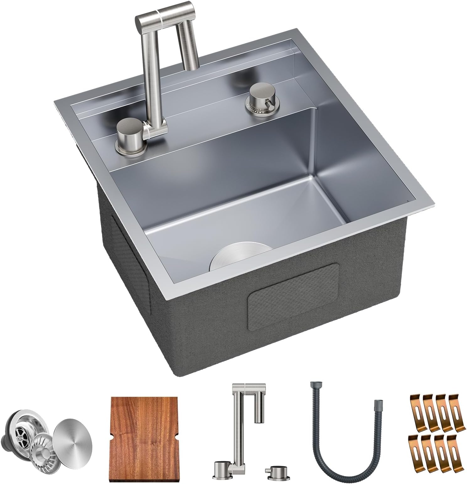 RV Kitchen Sink, 16 x 17 x 9 Inch Undermount Bar Sink 16 Gauge Stainless Steel Single Bowl Sink with Foldable Faucet Cutting Board, Grey
