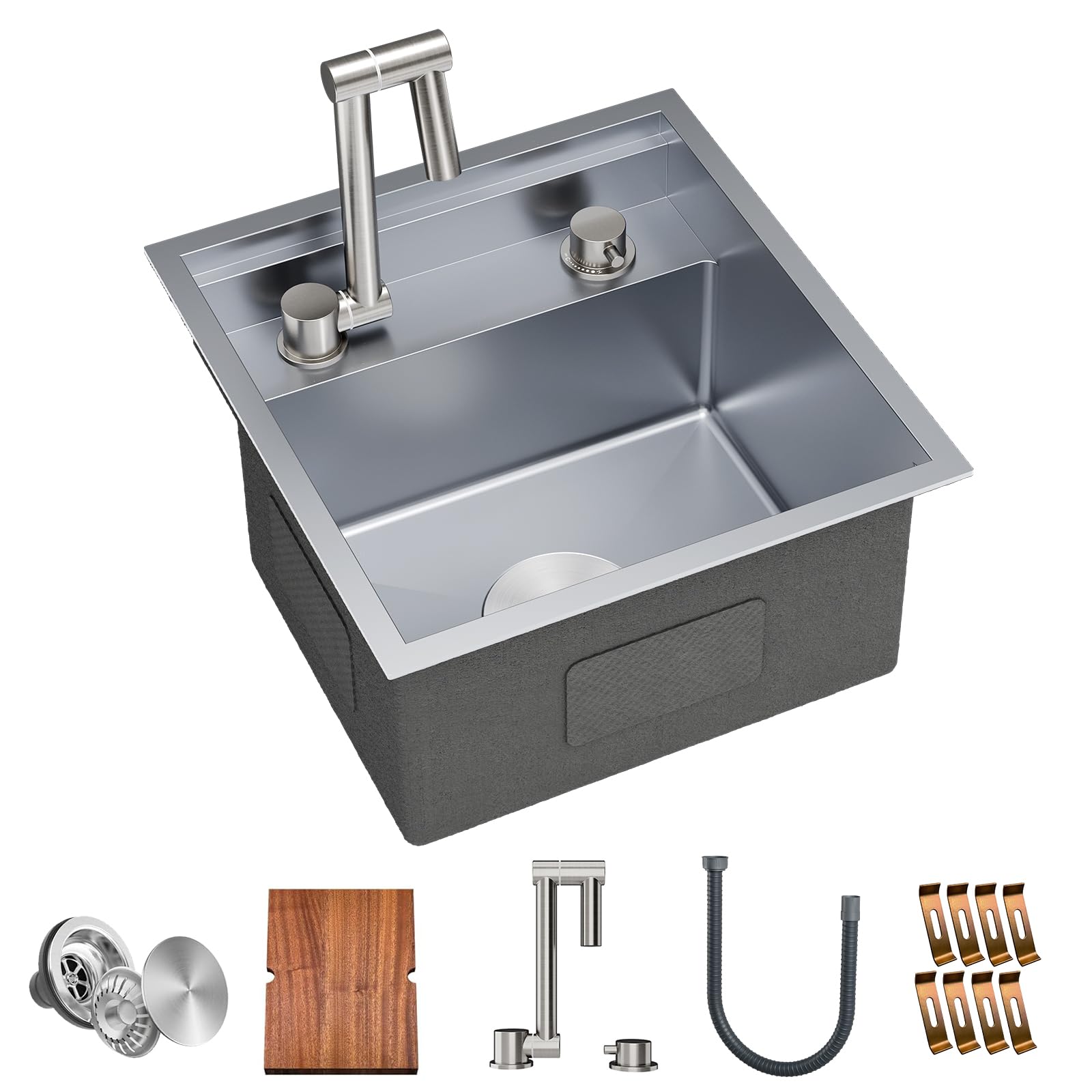 TORVA RV Kitchen Sink, 16 x 17 x 9 Inch Undermount Bar Sink 16 Gauge Stainless Steel Single Bowl Sink with Foldable Faucet Cutting Board, Grey