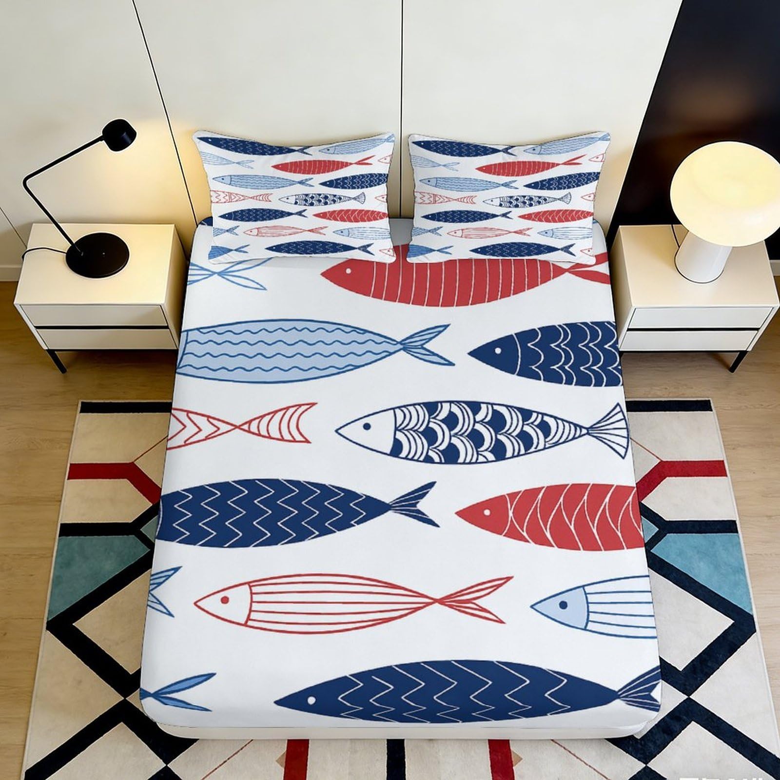 3D Printed Fish Pattern Fitted Sheet Microfiber Deep Pocket Bedroom Bedding Fish Mattress Fitted Cover Non-Slip for Adults Teens 200x200x25cm 90x200x25cm