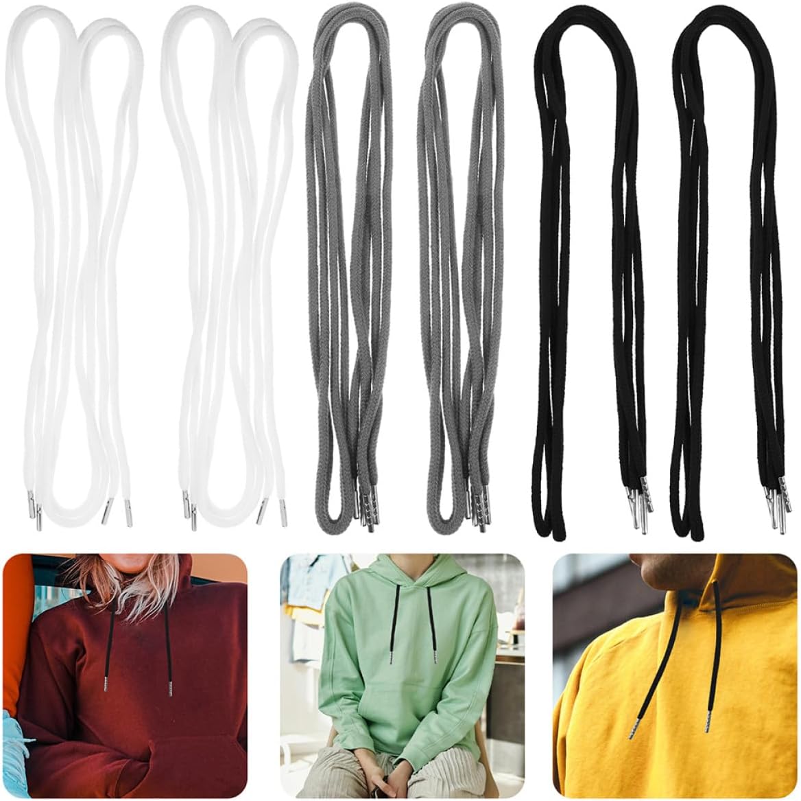 18pcs Elastic Drawstring Replacement Cord Set for Sweatpants Hoodies and Shorts with Metal Tips, Assorted White Black Gray, Sturdy Tie Hoodie and Sweatshirt String for Random Color