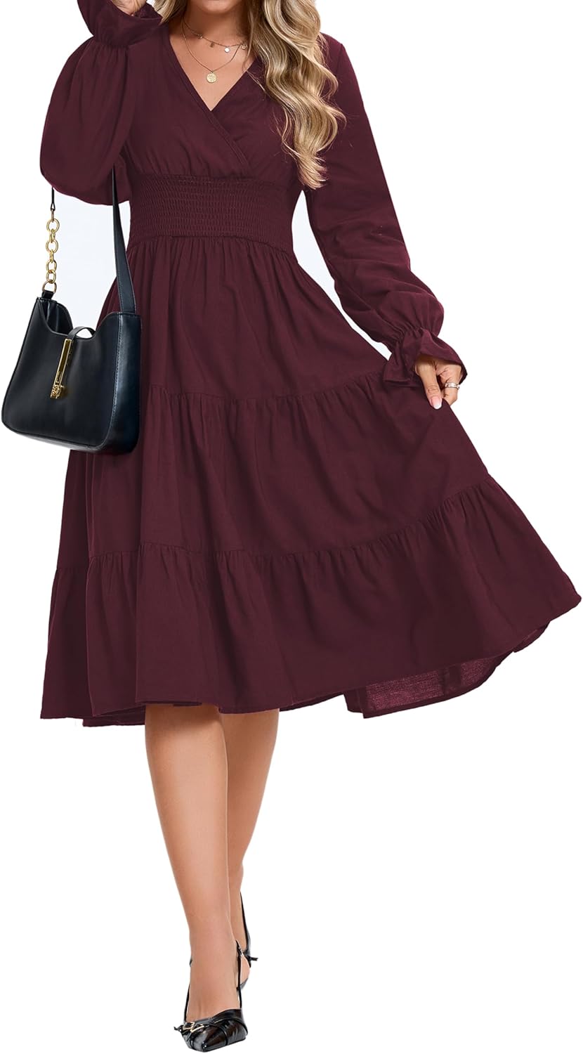 Women's 2026 Spring Dresses Long Puff Sleeve Crew Neck A Line Elastic Wasit Embroidery Formal Casual Midi Dress - Image 6