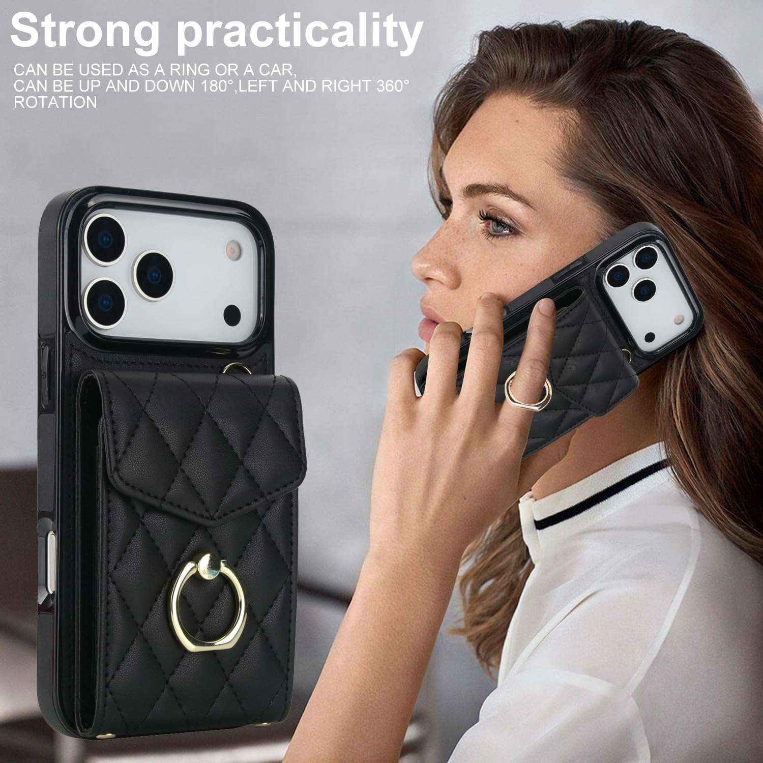 Crossbody Case for Apple 17 Pro Max with Card Holder, PU Leather with Wallet Removable Lanyard Wrist Strap Kickstand Cover for Women Girls Case for iPhone 17 Pro Max.Lanyard Black - Image 2