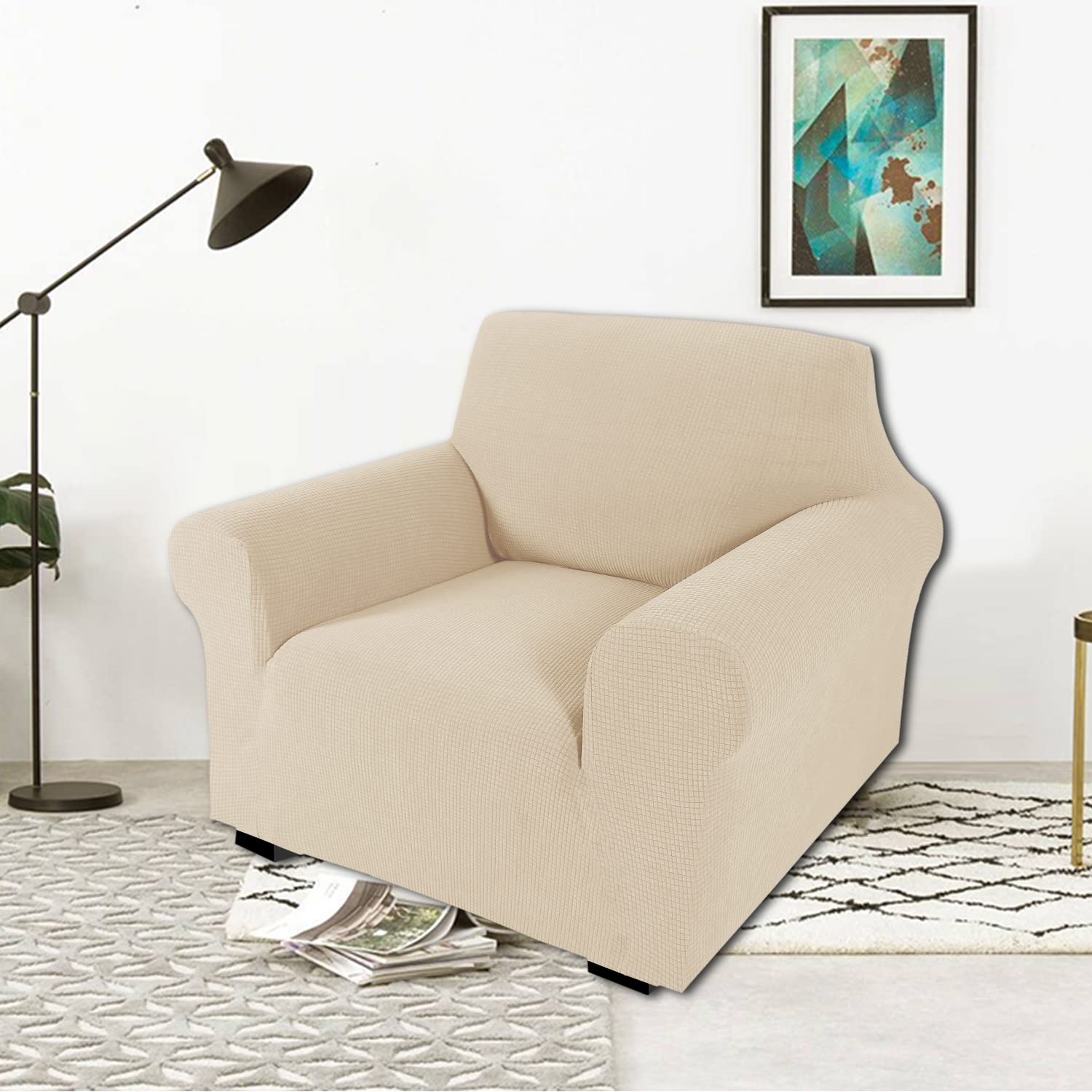 Andreannie Beige Jacquard Chair Slipcovers Armchair Sofa Covers Chair Couch Covers for Armchair Bundle Ottoman Slipcover(Beige)