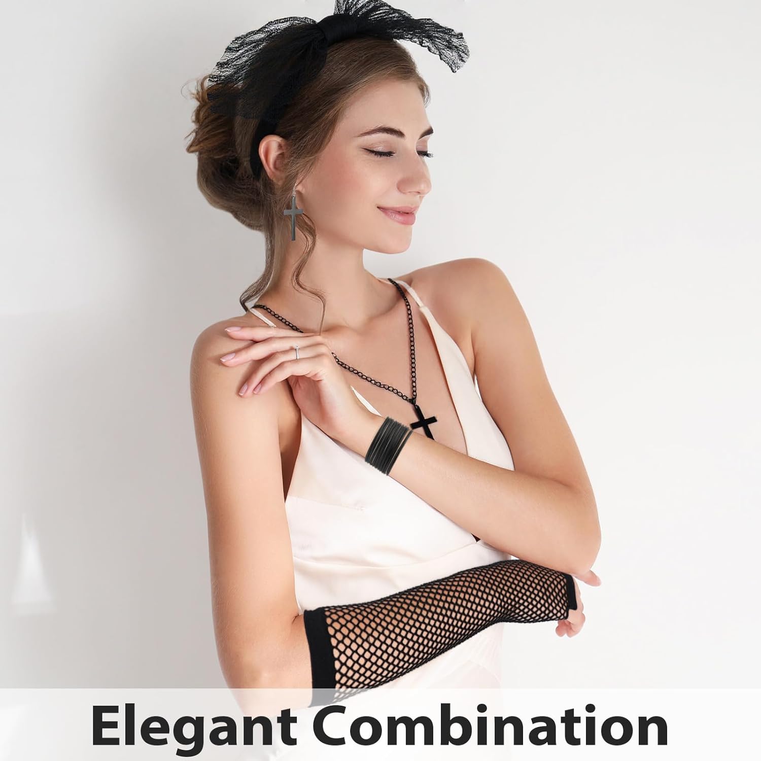 80s Costume Accessories Set for Women, Black Holographic Pack Fishnet Gloves Leg Warmer Lace Headband Cross Jewelry, 1980s Fancy Prom Dress Party Outfit - Image 7