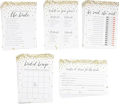 Miniatura 3 de Juvale Juegos de despedida de soltera - Juego de 250 piezas para 50 invitados, tarjetas de lunares dorados de 5 x 7 pulgadas, juegos de despedida de