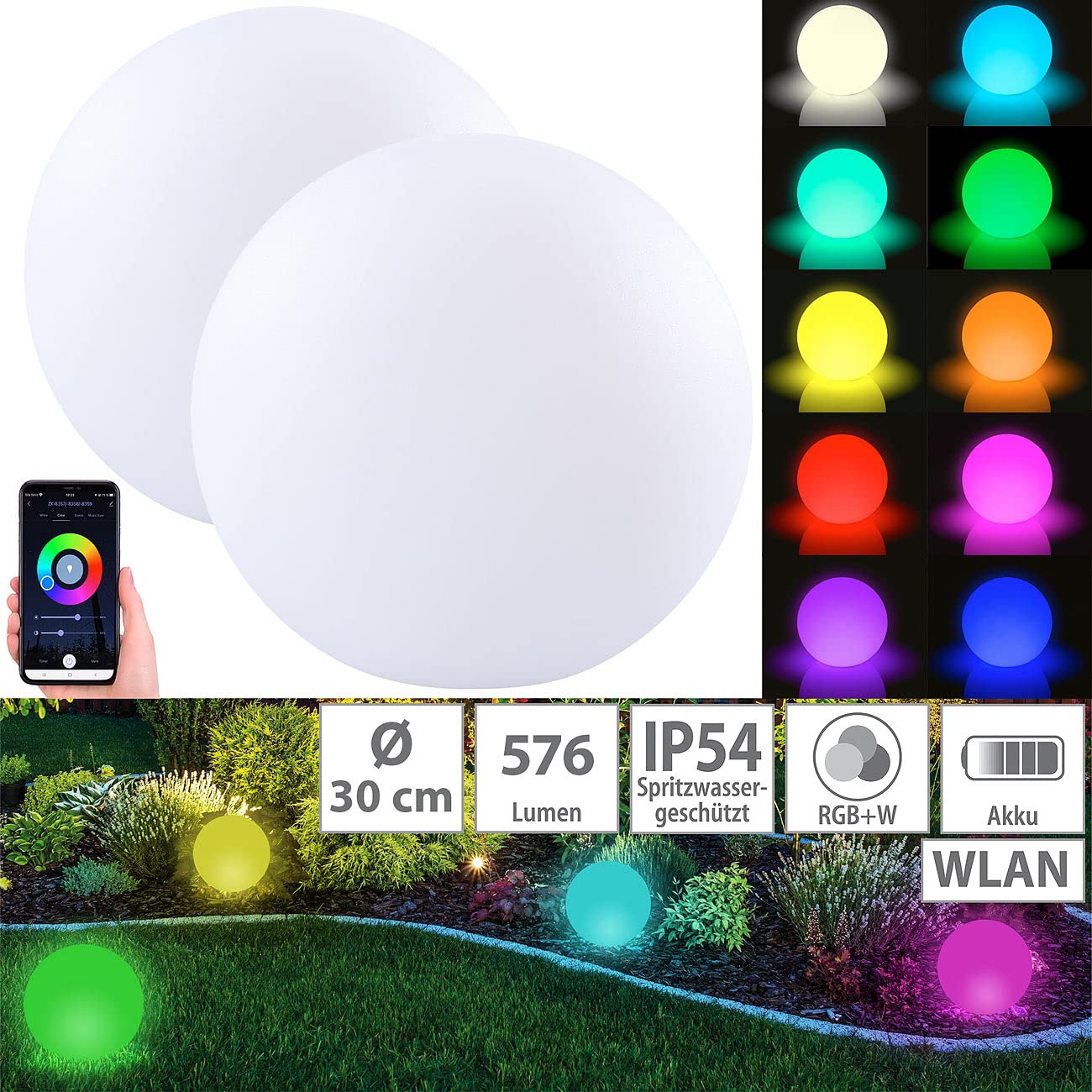 Luminea Home Control WLAN Akku Leuchtkugel: 2er-Set WLAN-Akku-Leuchtkugeln, RGBW-LEDs, App, 576 lm, IP54, Ø 30 cm (Leuchtkugel RGBW, Kugelleuchte außen LED, Ball)
