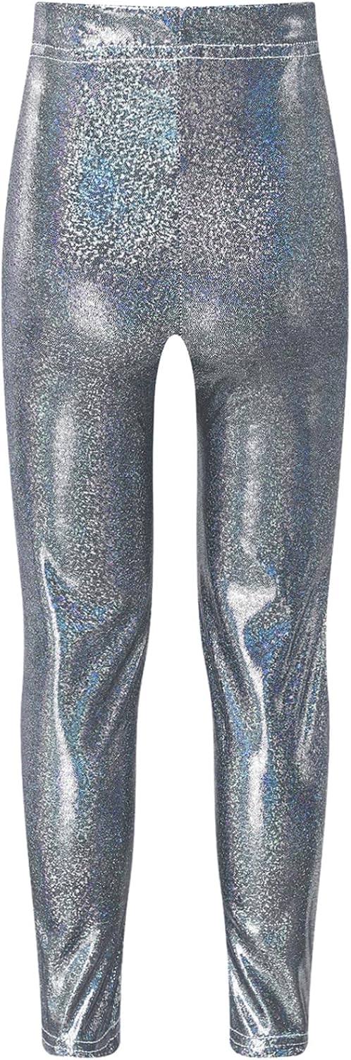Linjinx Girls Kids Youth Metallic Active Leggings Shiny Sparkly Stretch Ankle Length Tights Pants Dance Workout