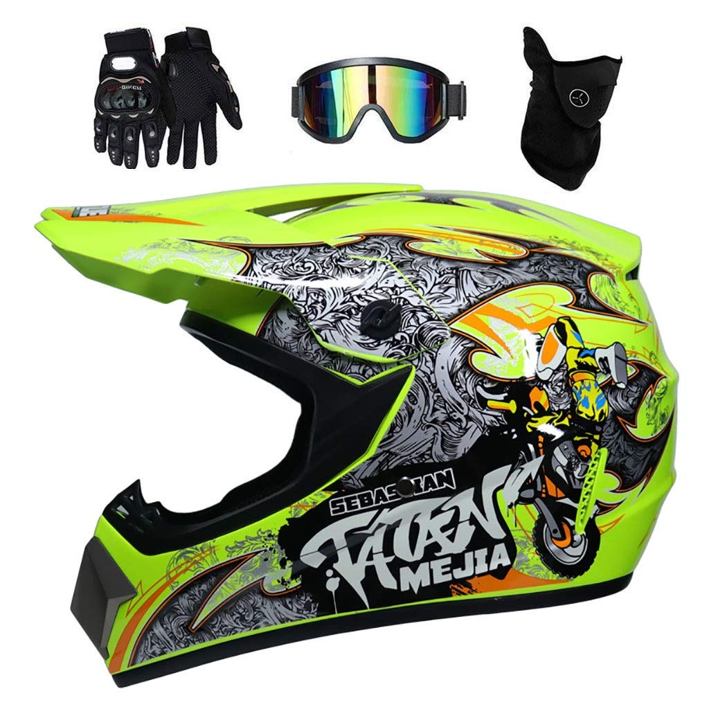Pieno Volto MTB Casco Motocross, Gioventù Bambino ATV Fuoristrada Moto Incidente Casco, Discesa Enduro MX Quad Dirt Bike Casco Attrezzatura Protettiva, con Goggles Guanti Maschere