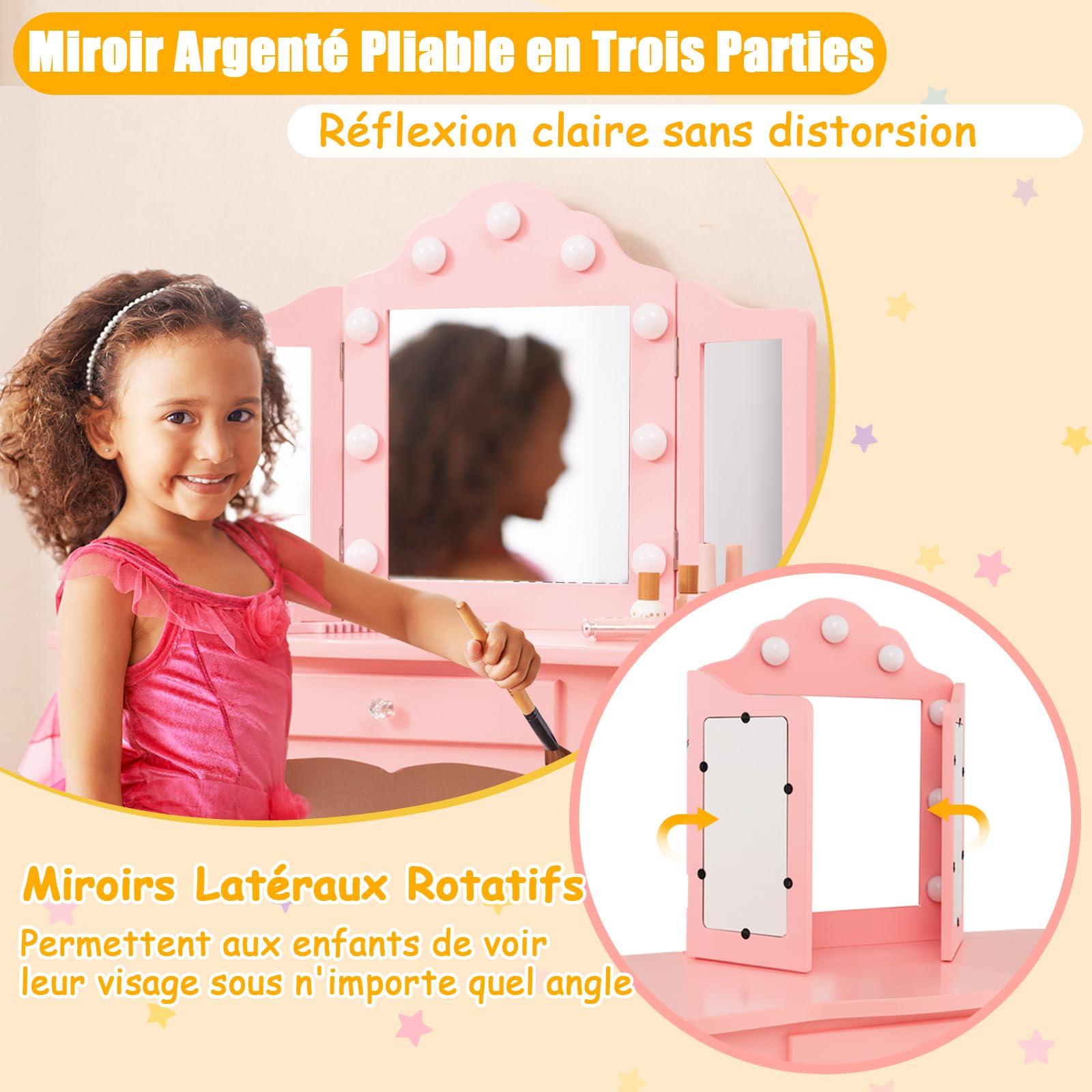 DREAMADE Coiffeuse Enfants Fille avec Tabouret&9 Lumières LED,Table de Maquillage Princesse 3+Ans avec Miroir Amovible&Tiroir&Dispositif Anti-Bascule,Bureau Enfant Charge 50KG(Rose)