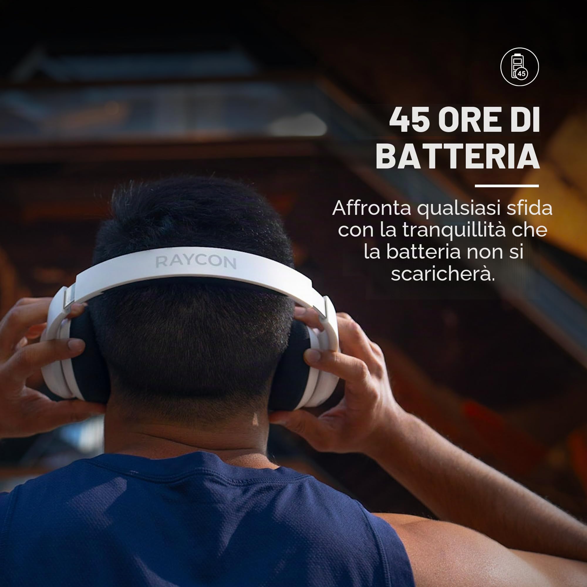 Raycon Cuffie Fitness - Cuffie Over-Ear Wireless con 38 Ore di autonomia, cancellazione Attiva del Rumore, Comando vocale, Cuscinetti Auricolari intercambiabili, Resistenza all'Acqua IPX4, (Bianco)