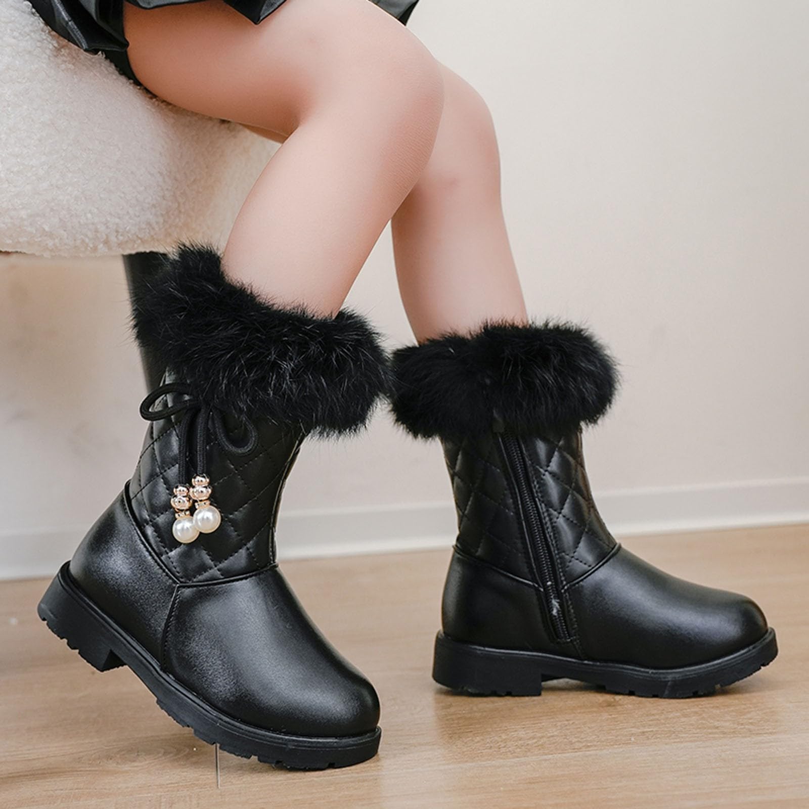 Botas niños fácil Poner Botas de Nieve para niñas de otoño e Invierno con de, Antideslizantes, cálidas y cómodas, Botas con Cremallera Lateral y de Color (Black, 28.5 Little Child)