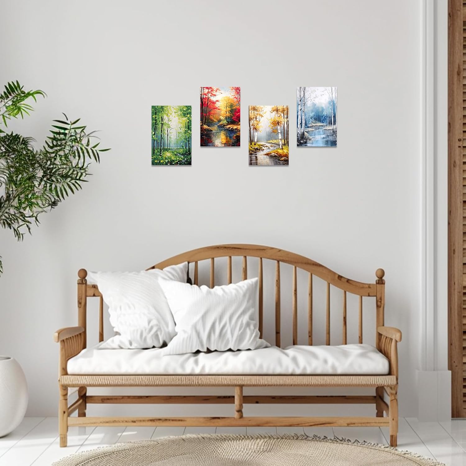 SWQYLB 4 Seasons Canvas Wall Art Spring Summer Autumn Winter Picture 4 Pieces Nature Landscape Painting Forest Prints for Living Room Home Decor Framed (Blue, (12x16inchx4 Pieces))