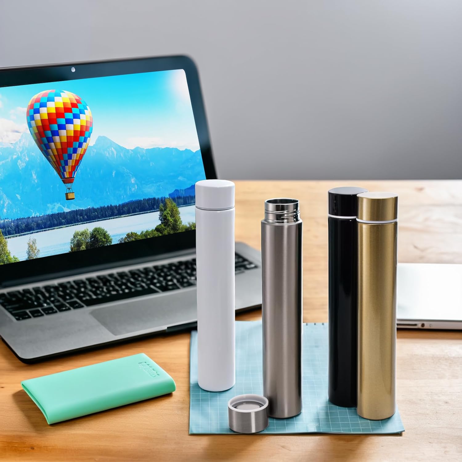 Covzoe 4 Pack Slim Insulated Water Bottles, 9.5 Oz Skinny Stainless Steel Small Water Bottles, Portable Leak Proof Sports Drink Bottle for Travel Camping, Gold Black White Silver