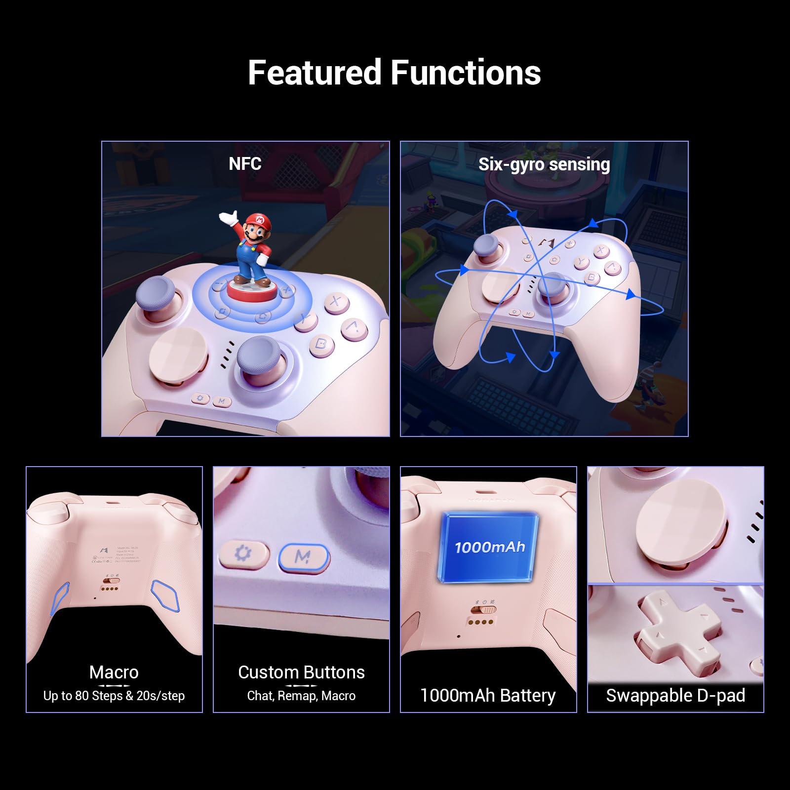 AKNES MOBAPAD CHITU 2 HD Controller für Switch/PC/Android/iOS (Pink) | TMR Glide Joysticks, Mechanische Tasten, HD Rumble, NFC, 6-Achsen, RGB-Dock, Programmierbare Rücktasten