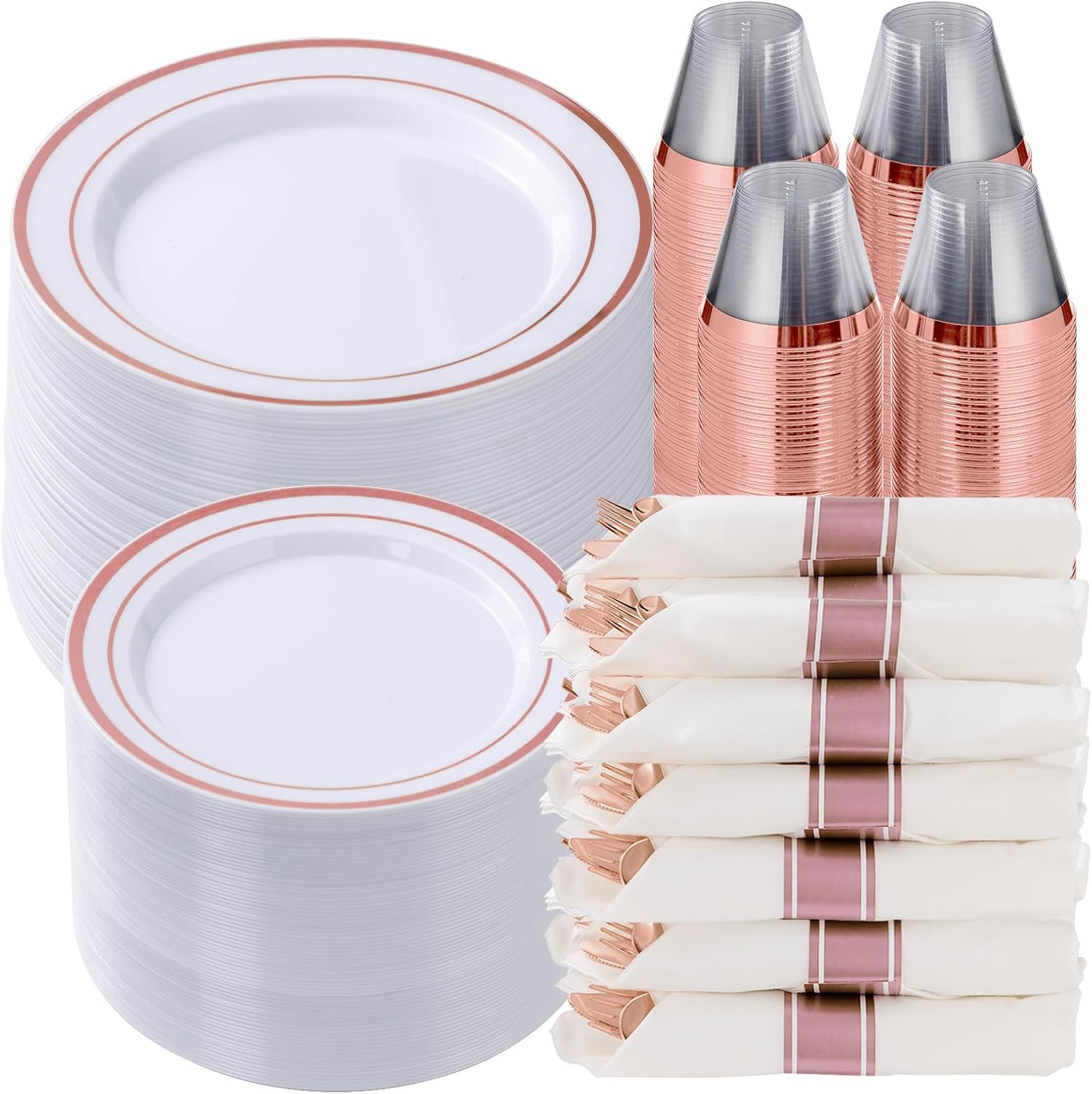 Goodluck 700 Piece Rose Gold Plastic Dinnerware Set for 100 Guests, Disposable Plates for Party, Include: 100 Dinner Plates, 100 Dessert Plates, 100 Pre Rolled Napkins with Silverware, 100 Cups Rose Gold 700 Piece (100 guests)