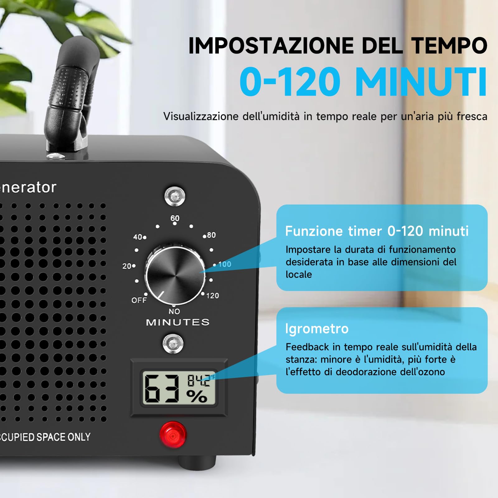 Generatore di Ozono 60000mg/h, Purificatore d'Aria Ozono con 120 Min Timer, Temperatura, Display di Umidità, Ozonizzatore per Auto, Casa, Ambiente, Fumo, Odori di Animali Domestici e Cucina