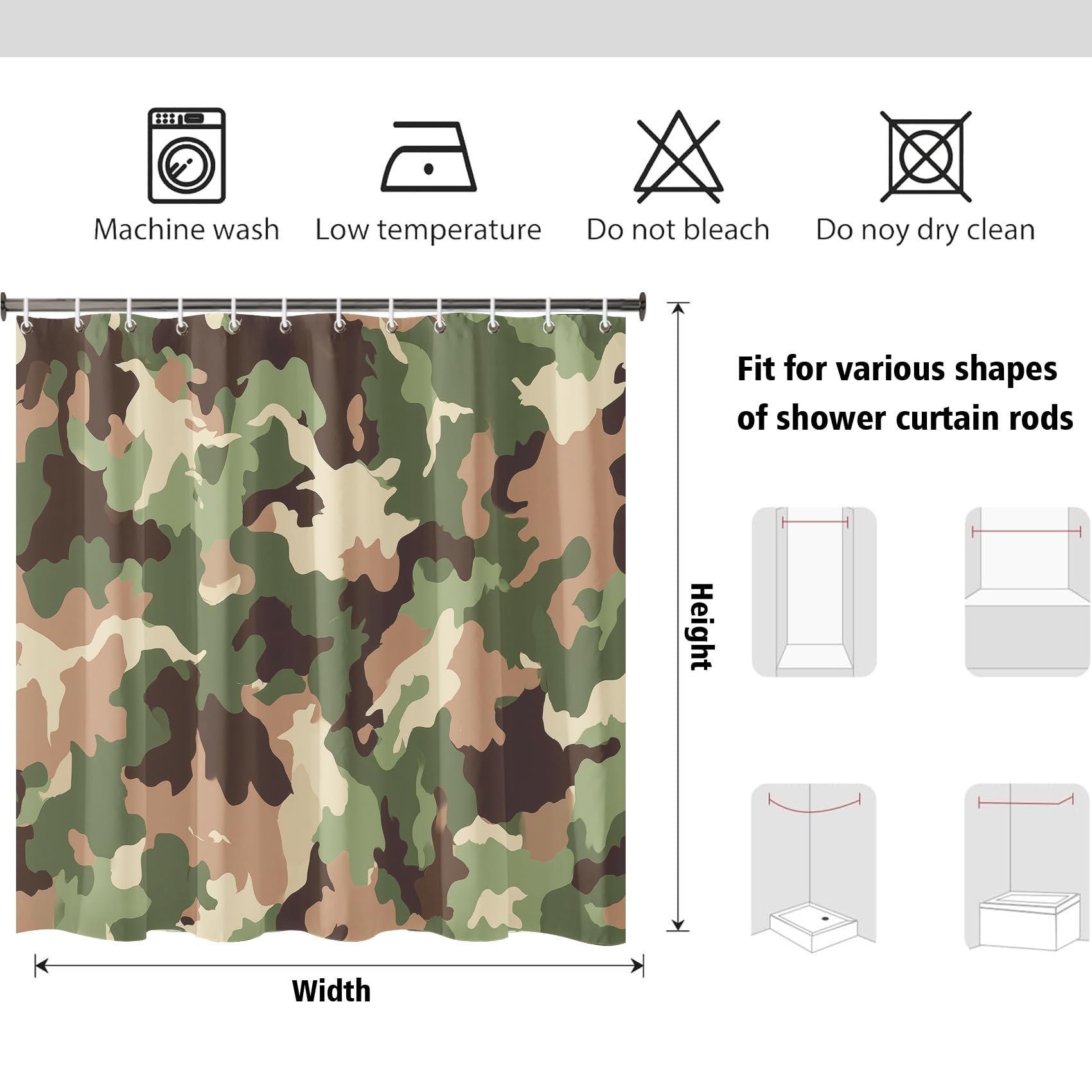 Générique Rideau de Douche Camouflage Militaire 200x240cm | Rideau Douche Armée Moderne Tissu Polyester Hydrofuge Rideau Baignoire pour Salle de Bain avec Crochets