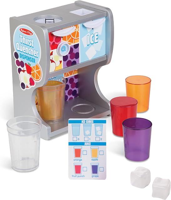 Melissa & Doug Wooden Thirst Quencher Drink Dispenser With Cups, Juice Inserts, Ice Cubes - Pretend Play Soda Fountain, Food Sets For Kids Kitchen,Ages 3+ - FSC-Certified Materials