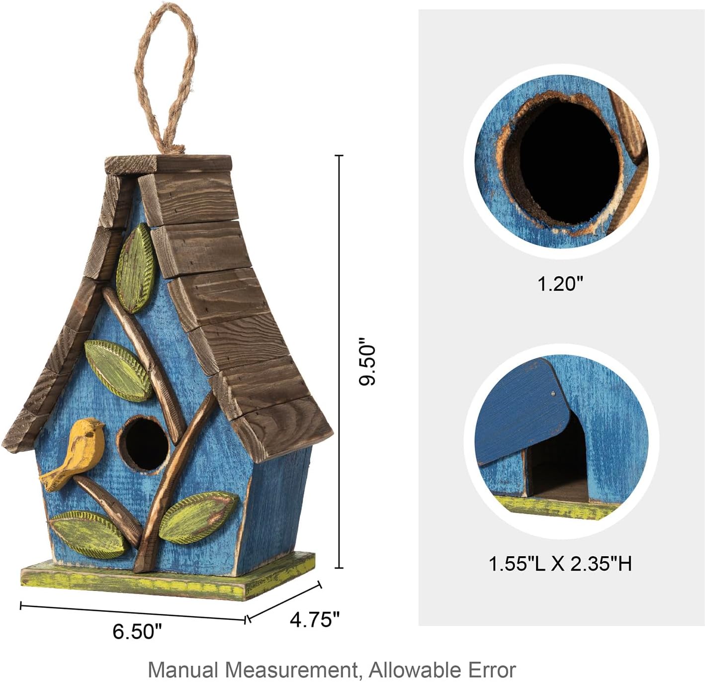 Glitzhome Birdhouses for Outdoors,9.5"H Hanging Bird House Decorative Pet Cottage Wooden Birdhouse Hummingbird Houses for Outside,Bluebird House with Natural Wood Slatted Roof and 3D Tree,Washed Blue